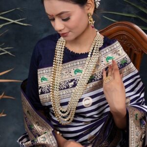 Navy Blue Handloom Satin Silk Saree