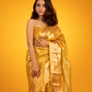Golden Yellow Striped Woven Tissue Silk Saree
