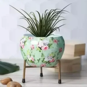 Metal Planter Pot with Tablestand (Floral Green Color, Set of 1) | 6x 5 in | Iron Vase (5.9 inch, Floral Green)