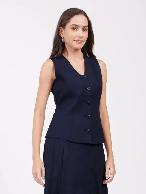 Placket Detail Waistcoat - Navy Blue - Image 5