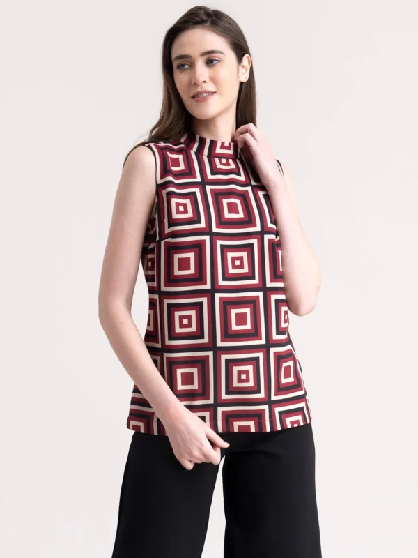 Geometric Print Top - Maroon - Image 2