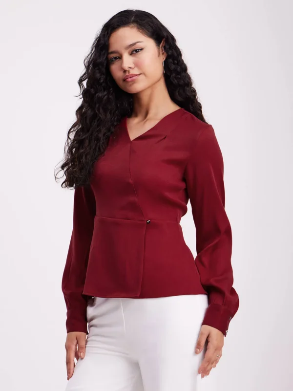 Wrap V-Neck Top - Maroon - Image 3