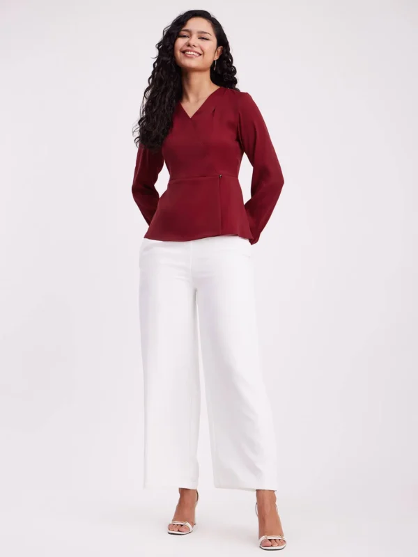 Wrap V-Neck Top - Maroon - Image 4